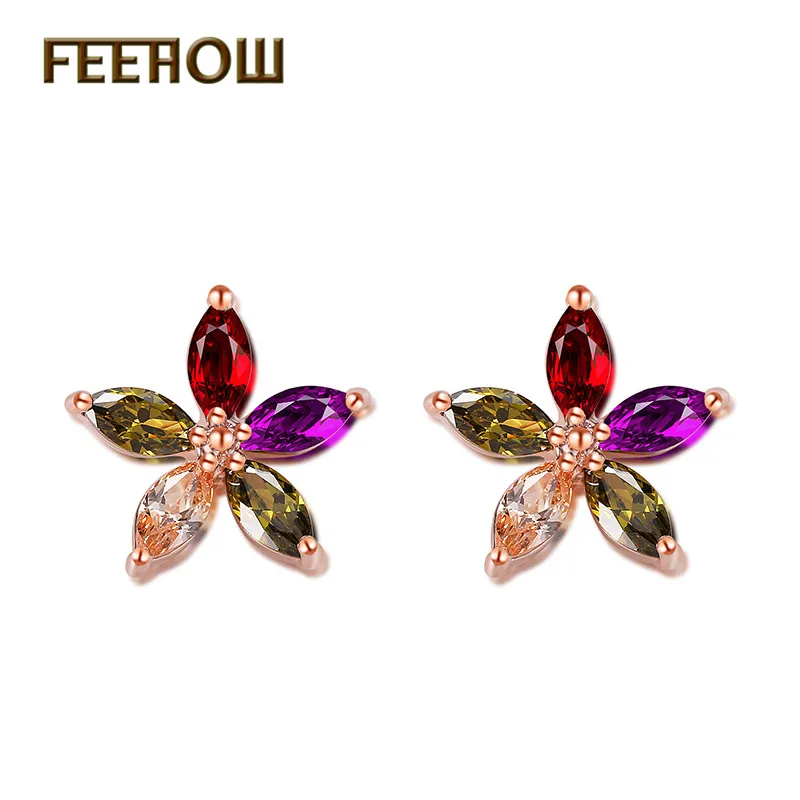 

FEEHOW Multicolor Stones CZ Earrings For Womens Flower Cubic Zirconia Crystal Rose Gold Color Studs Earings FWEP261