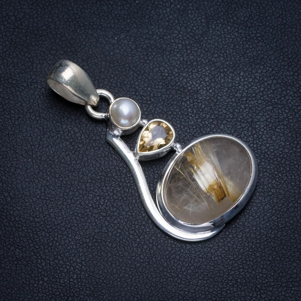 

Natural Golden Rutilated Quartz,Citrine and River Pearl Unique 925 Sterling Silver Pendant 1 3/4" T1103