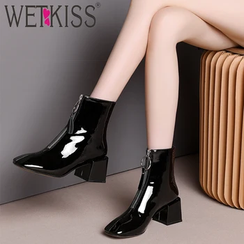 

WETKISS High Heels Thick Ankle Boots Women Patent Leather Booties Square Toe Zip Shoes Female Shoes Ladies 2019 New Winter