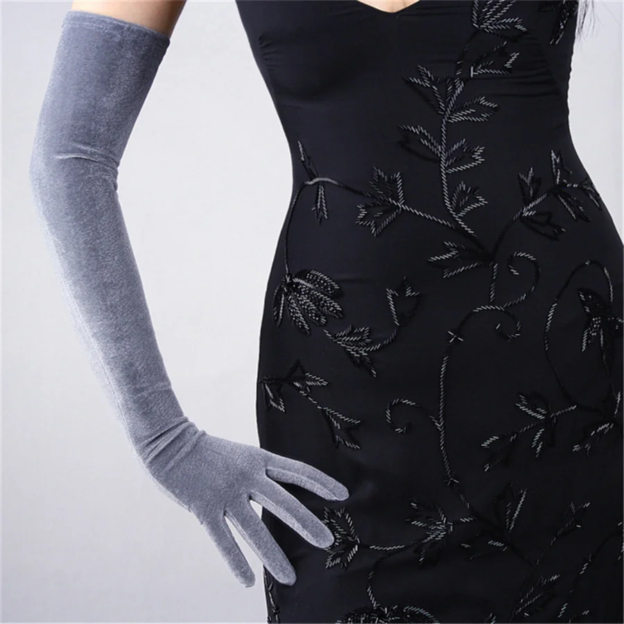 

Velvet Gloves 60cm Long Section Over Elbow Silver Gray Metal Color Female Models High Elastic Velvet Touch Screen YHSR60