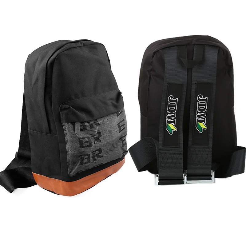 

JDM Backpack Racing Tuning Bags School Travel Bag Fabric Straps Seat Belt Drift For Car Auto Enthusiast