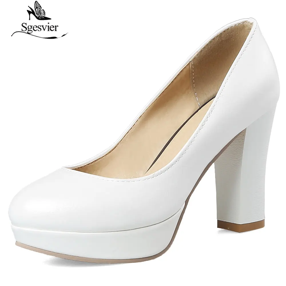 

Sgesvier Women High Heel Pumps Red Thick Heel Pumps Round Toe Pump Sexy Footwear Wedding heels Spring Leather Shoes Woman B995