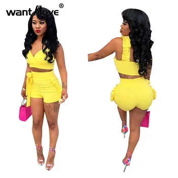 

Wantmove Women's Summer Two-Piece Pleated Set With Solid V-neckline Cut Top + Shorts Bandage Overalls Set Summer Clothes WM315