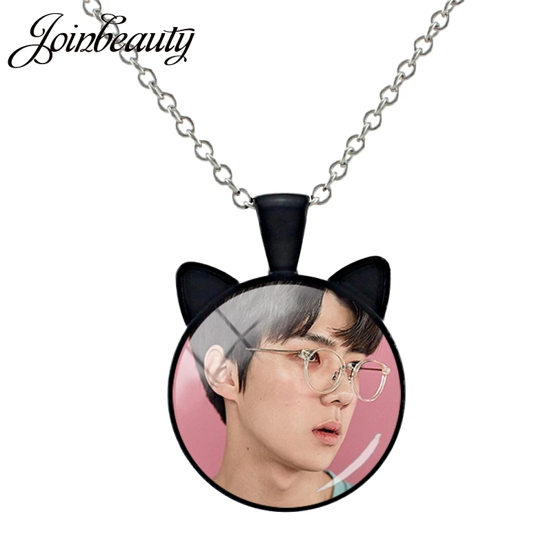 

JOINBEAUTY K-pop EXO Member Album Ear Shape Pendant Necklace Handmade Round Glass Cabochon Long Chain Necklace EX11
