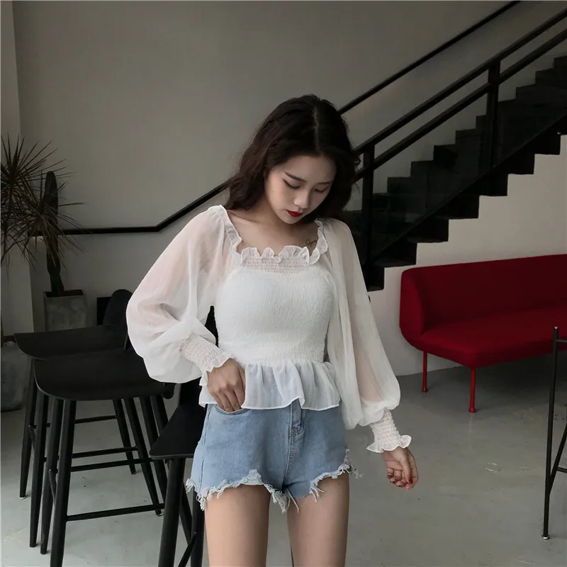 Shirts Women Slash Neck Lace Full Short Simple Elegant Ladies Korean Style Shirt Womens Slim Soft Chiffon Lantern Sleeve Shirt