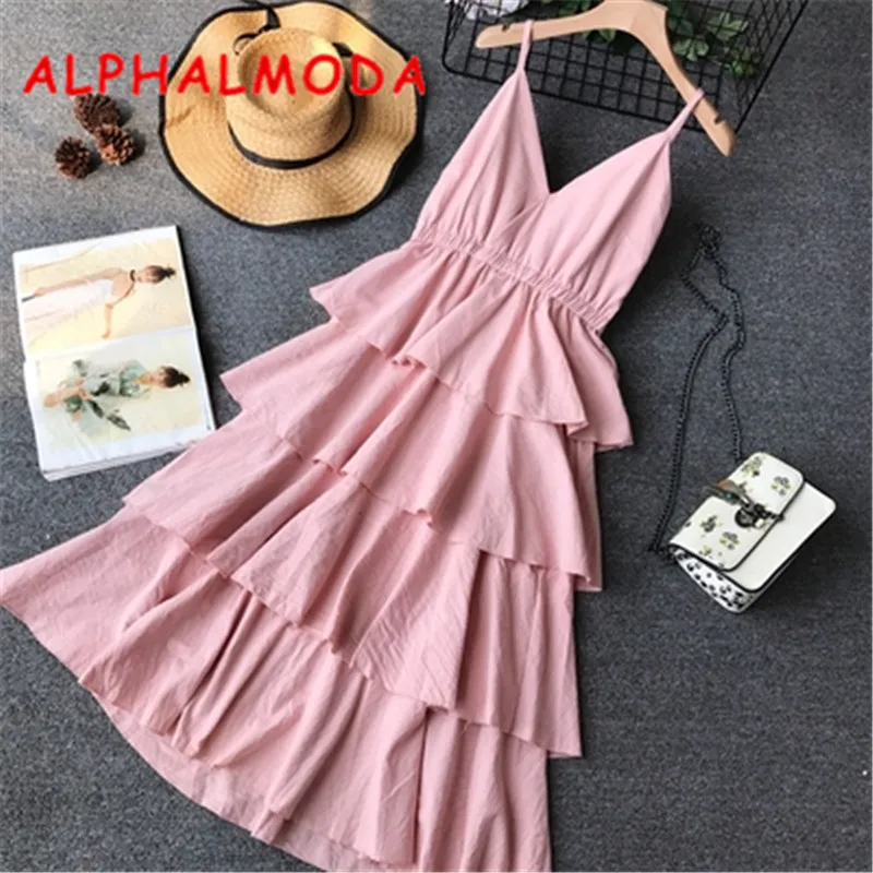

ALPHALMODA 2018 Summer Women's Cute Cake Dress V Collar Elastic High Waist Layer Ruffled Cake Ladies Princess Solid Vestidos