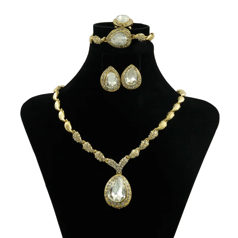 

Turkish Jewelry Sets Fashion White Crystal Necklace Bracelet Earring Sexy Elegent Bridal Wedding Gold-color Accessories