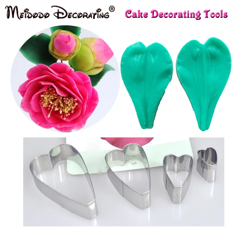 

New Arrival Camellia Flower Veiner Mould Fondant Cake Decorating Tool Silicone Veiner Mould and Stainless Steel Cutters Mould