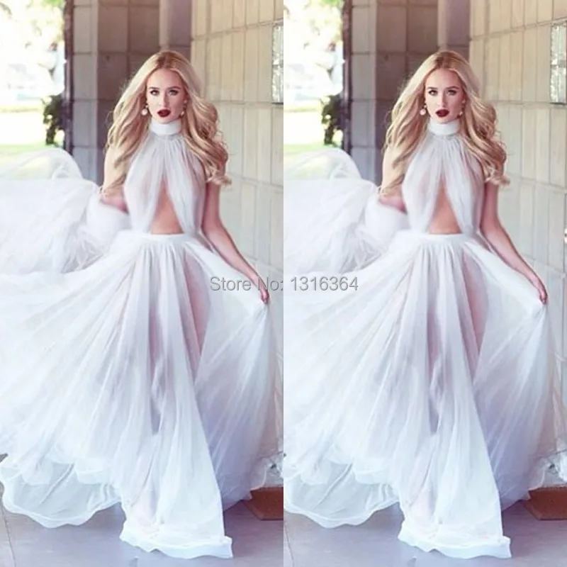White Open Back Chiffon Flowing High Neck Floor Length Boho Prom White Open Back Chiffon Flowing High Neck Floor Length Boho Prom Dresses Long Women Y Backless Party Gowns Vestidos Noiv In From