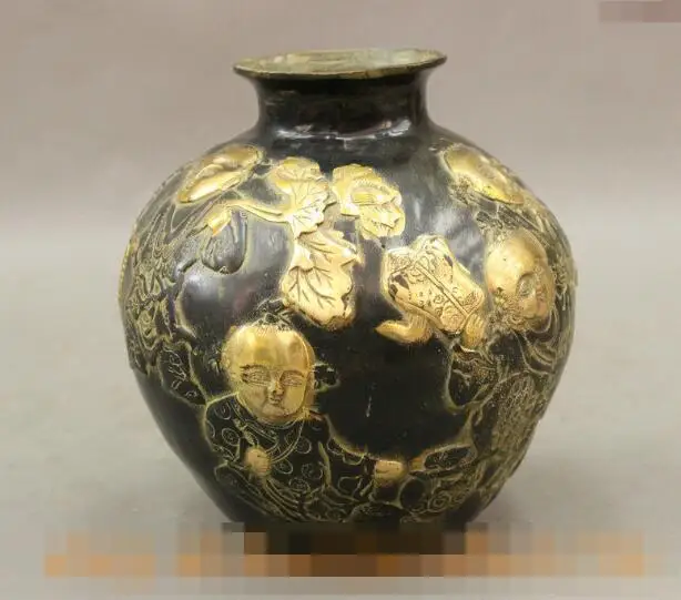 

S02889 Folk Chinese Bronze Gilt Lucky 5 Son Send Blessings Child Statue Pot Vase Bottle (B0413)