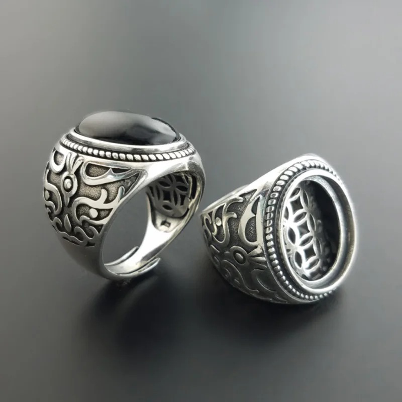 

925 Sterling Silver Mens Vintage Stone Rings Hollow Coins Double Layers Design Natural Black Onyx Oval Shape Big Rings