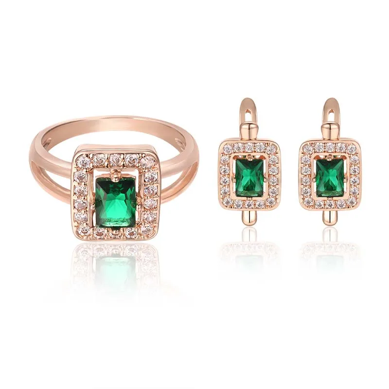 FJ, 2 цвета, женские синие/зеленые кубические циркониевые Ювелирные наборы, 585, розовое золото, квадратные серьги+ кольца, набор - Окраска металла: green
