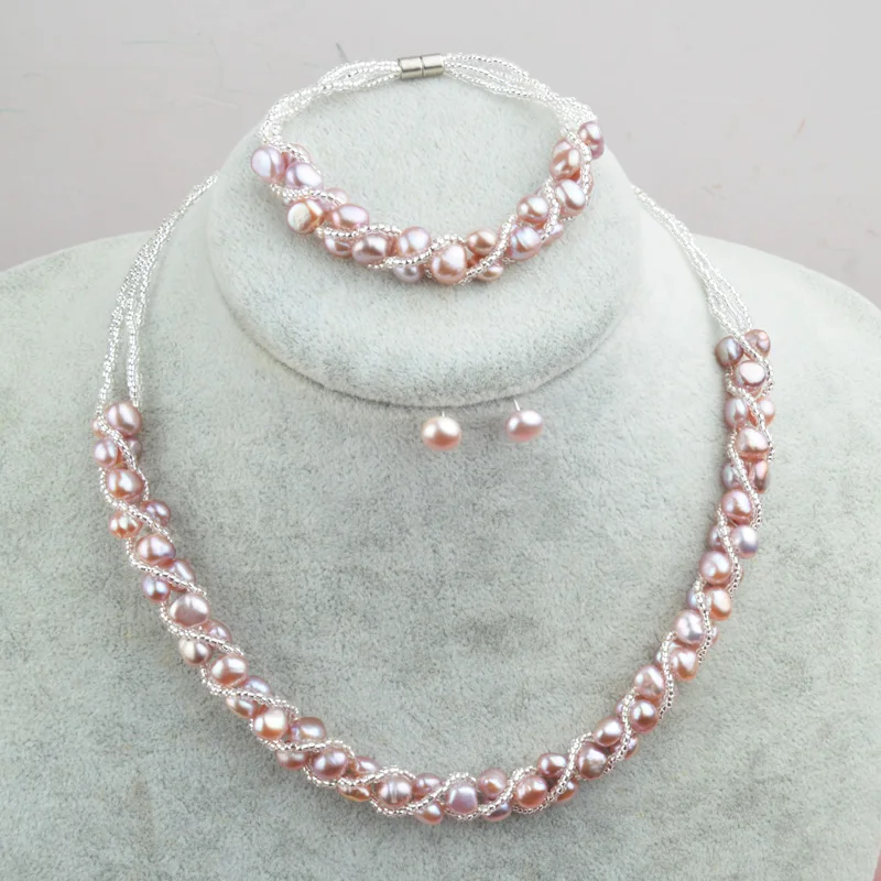 ASHIQI набор ювелирных изделий из натурального пресноводного жемчуга и больше, ручная вязка, ожерелье, браслет, 925 серебряные серьги для женщин NE+ BR+ EA