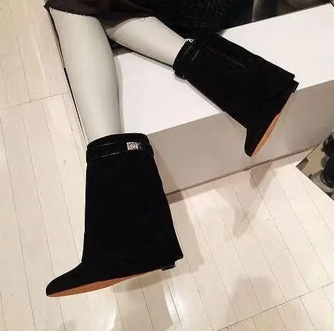 

Hot Selling High Quality Shark Lock Suede Wedge Boots Height Increasing Fold Over Ankle Boot Women Riding Boots Big Size 10