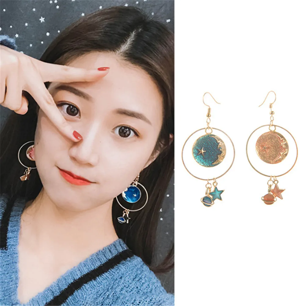 

ECODAY Fashion Star Drop Earrings Circle Earrings Gold Color Statement Earrings for Women Oorbellen Long Earrings