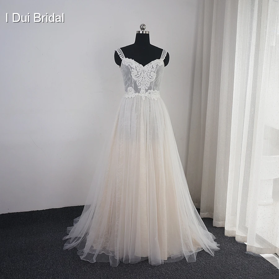 

Lace Strap Boho Chic Wedding Dress A Line Lace Appliqued Beaded Bridal Gown