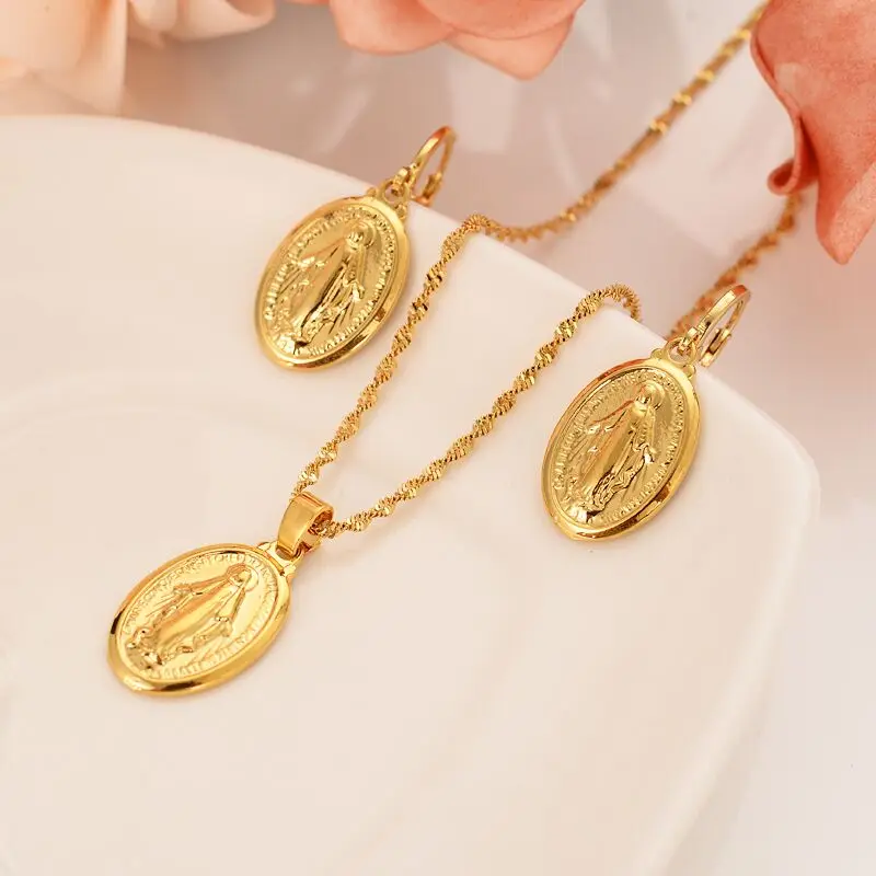 

Mother Virgin Mary Necklace Earrings Set 18 K Yellow Solid Fine Gold GF Catholic Religious Country Set Gift For Women