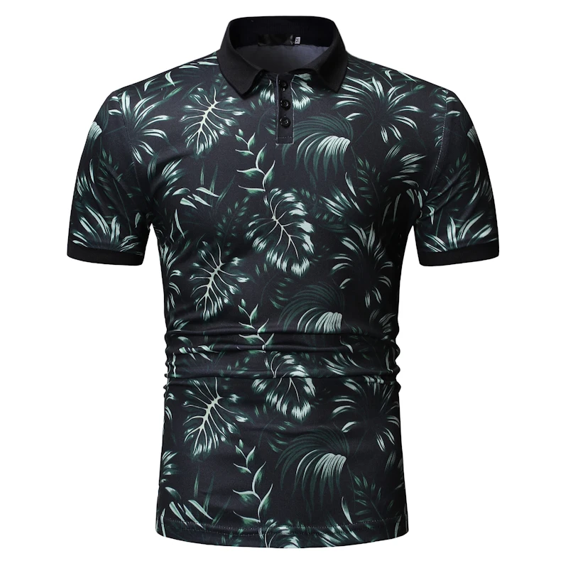 NEGIZBER New Summer Men's Polo Shirt Casual Lapel Slim Polo Shirt Plant Print Short-sleeved Polo Shirt Men