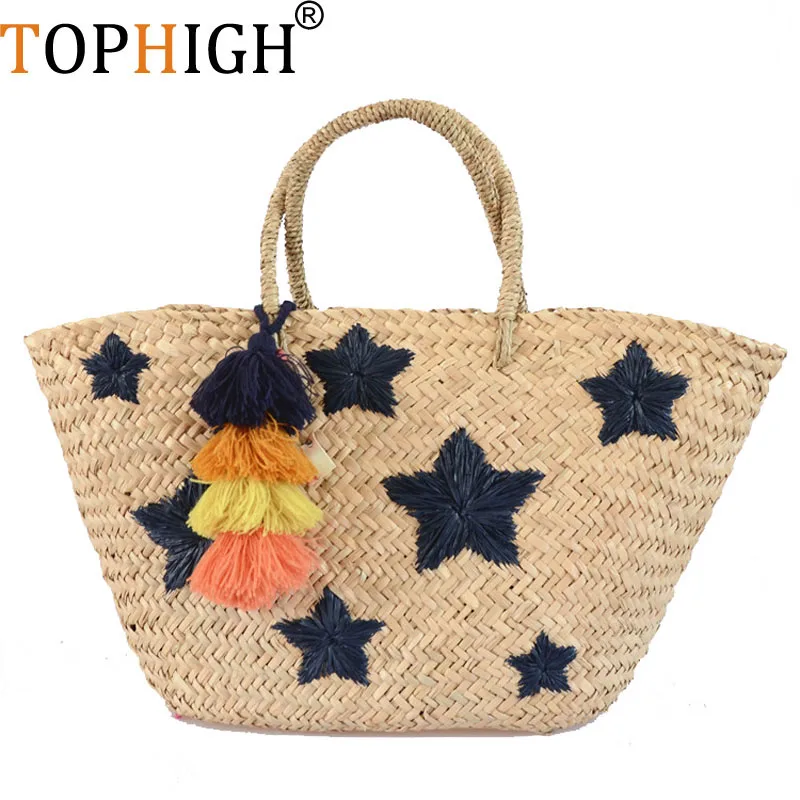 

2018 Women Straw Bag Women Letter star smile face Handbag Large Big Tote Tassel drawstring Beach Bags Colorful Casual Bag E98