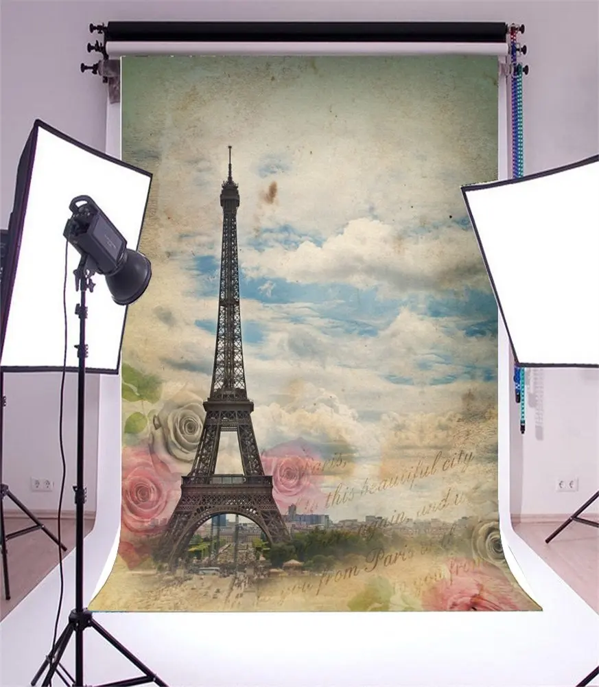 

Photography Backdrop Shabby Chic White Clouds Blue Sky Flowers Eiffel Tower Scene Photo Background