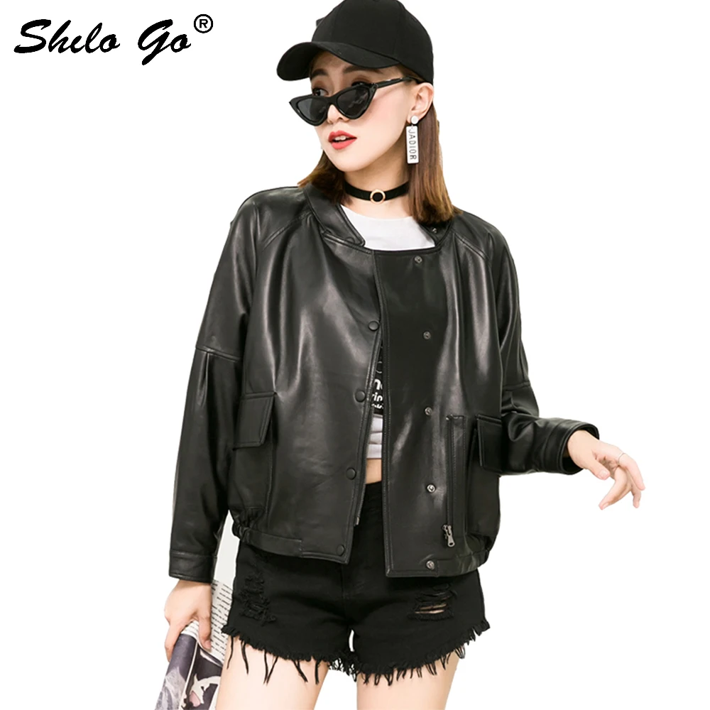 

Casual Leather Jacket Women Spring Oversized Covered Button Sheepskin Genuine Leather Jacket Side Pocket Female Baseball Coat