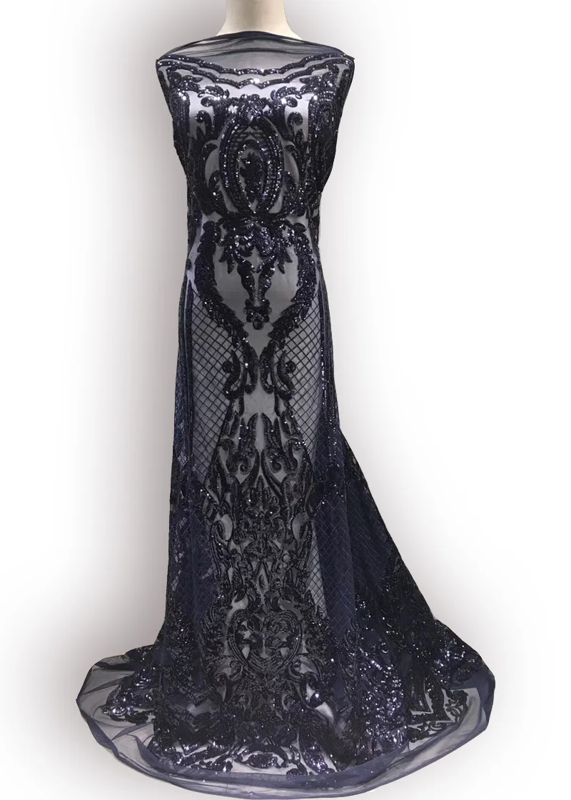 

(5yards/pc) high quality dark blue African net lace fabric allover sequins embroidered French lace fabric for party FNS116