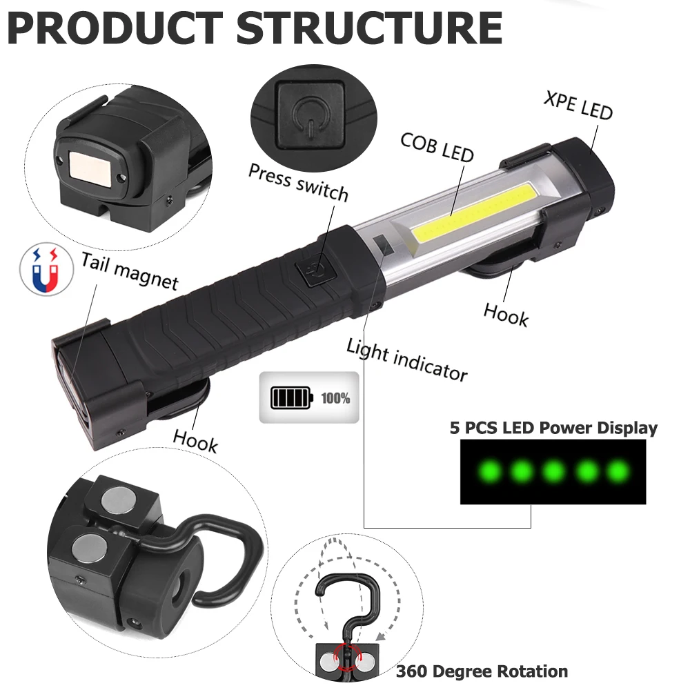 Магнитный светодиодный светильник-вспышка перезаряжаемый через USB фонарь COB+ светодиодный светильник для работы с подвесным крючком портативный светильник для ремонта