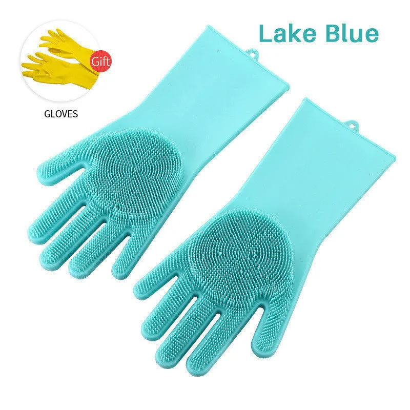 Lake blue-Gloves Перчатки для кухни Волшебные силиконовые для мытья посуды щетка для домашнего хозяйства резиновая для мытья посуды Pour Nettoyage Voiture Pet Brosse - Цвет: Lake blue-Gloves