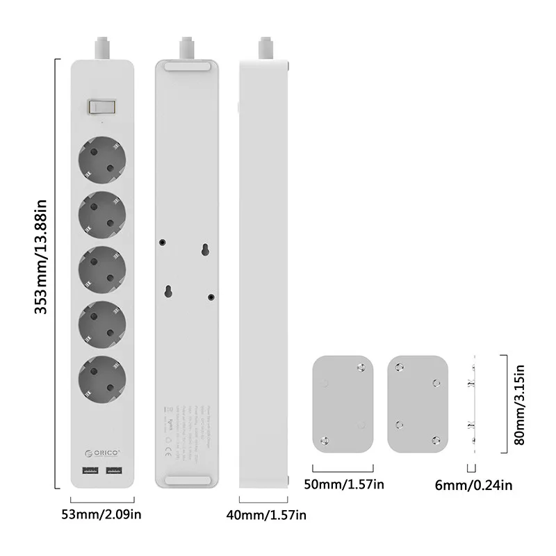 ORICO 3/5 AC+ 2 USB блок питания с USB электронной розеткой для дома и офиса, защита от перенапряжения, ЕС вилка, удлинитель, умная розетка