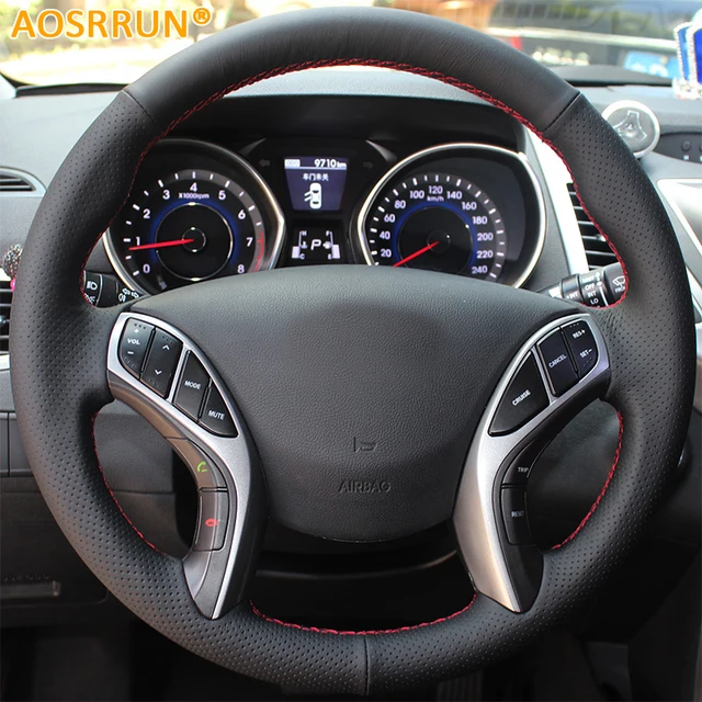 AOSRRUN-cubierta de volante de coche cosida a mano, de cuero, para Hyundai Elantra 2003-2012, Avante i30 2006-2013, accesorios para coche AOSRRUN-cubierta de volante de coche cosida a mano, de cuero, para Hyundai Elantra 2003-2012, Avante i30 2006-2013, accesorios para coche