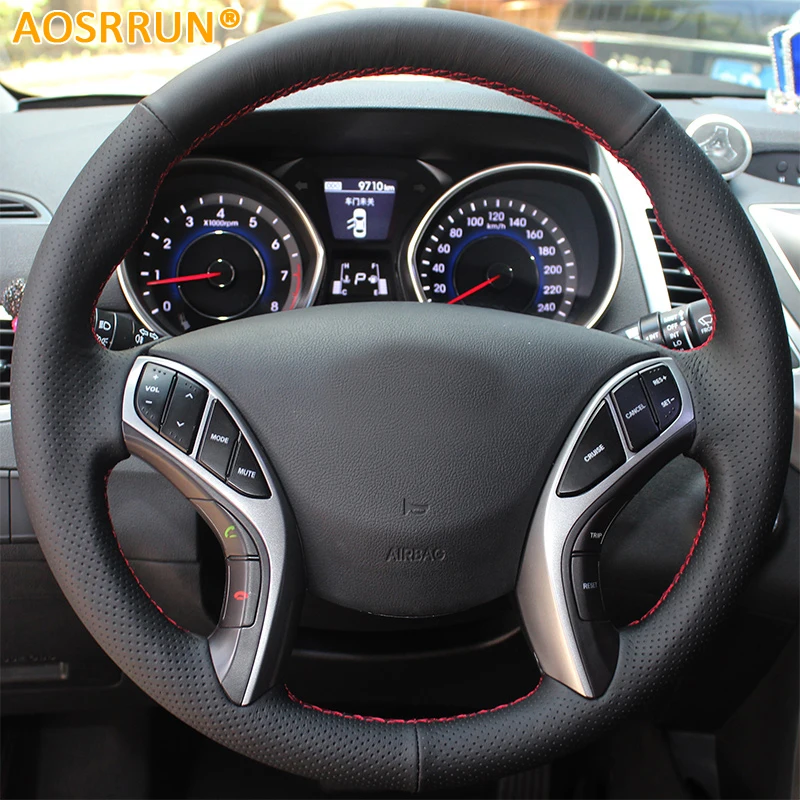 Najtaniej AOSRRUN skórzane ręcznie szyte pokrowce na kierownicę samochodową dla Hyundai Elantra 2011 2016 Avante i30 2012 2016 akcesoria samochodowe