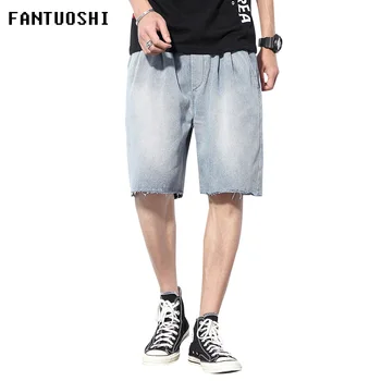 

Summer men's shorts 2019 New Fashion Casual loose Cotton Denim shorts Elastic waistline solid color men's shorts plus size 5XL