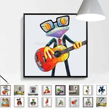 New! Large Hand Painted Modern Abstract Cartoon Animal Oil Painting On Canvas Music Frog Wall Art For Children's Room Home Decor