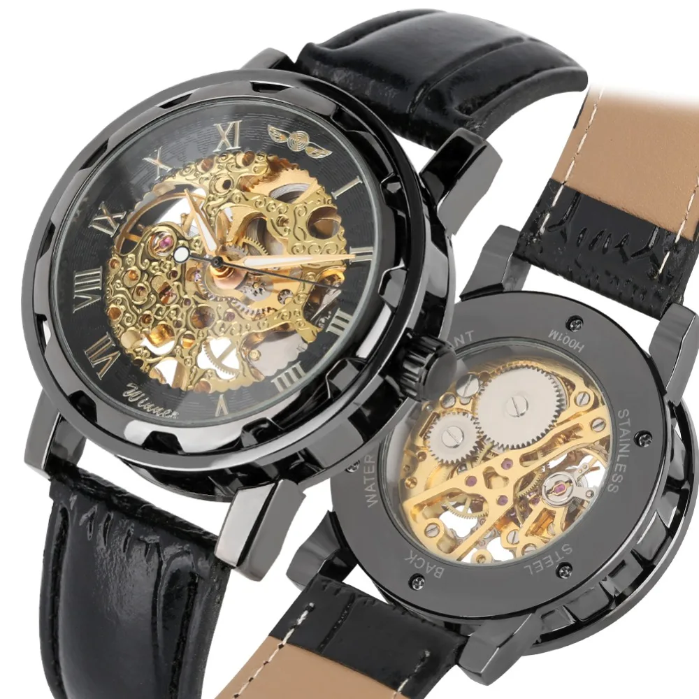 

Mens Watch Top Brand Luxury Mechanical Hand Wind Creative Watches Men Black Leather Strap Clock Male Skeleton relojes hombre