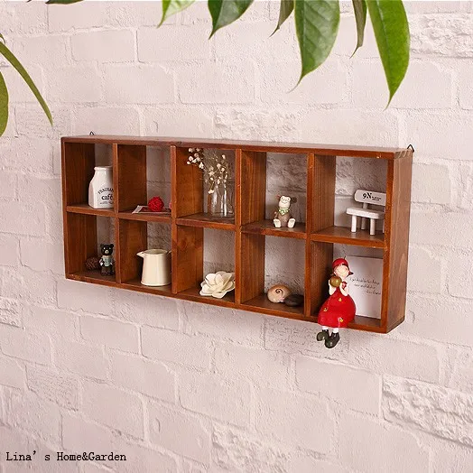 10 Grids Hanging Vintage Brown Small Wood Wall Shelf