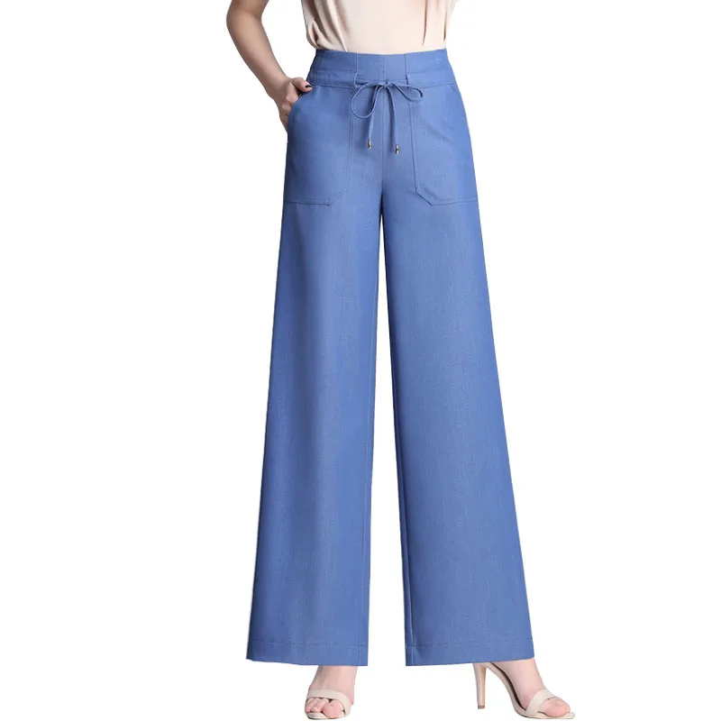 Джинсы из тенсельной ткани повседневные широкие брюки для женщин плюс размер с эластичным поясом синий Новая мода лето весна осень