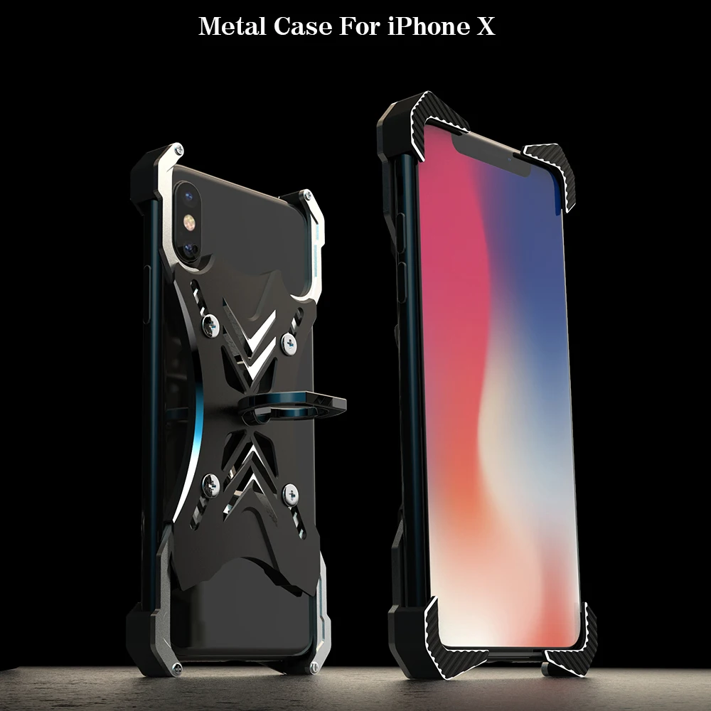 R-JUST для Apple iPhone X 10 чехол Роскошный 3D брендовый жесткий алюминиевый металлический каркас кольцо держатель Броня защитный чехол для телефона чехол