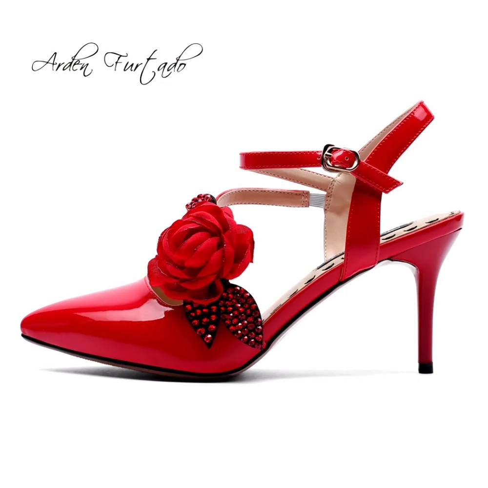 

Arden Furtado 2018 summer fashion high heels back strap flowers genuine leather red wedding party shoes sandals small size 33