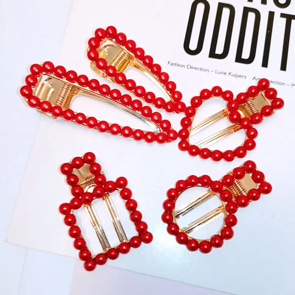 Korea Ins Festive Red Pearl Hairpin New Year Love Heart Folder Clip Bangs Waterdrop Net Red 2
