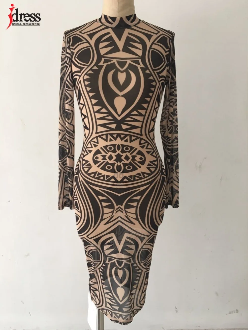 IDress 2016 New Geometric African Print Dresses Women Sexy Mesh Long Sleeve Bodycon Party Dresses Sexy Night Club Dress Women (2)
