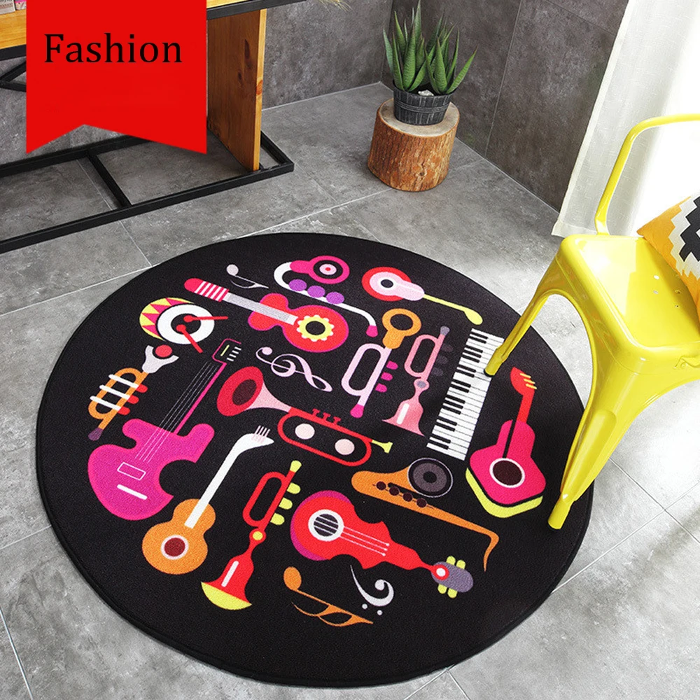 

Cartoon Musical Instruments Pattern Black Round Carpet Non-slip Living Room Bedroom Sofa Bedside Rug Home Decorator Floor Rug
