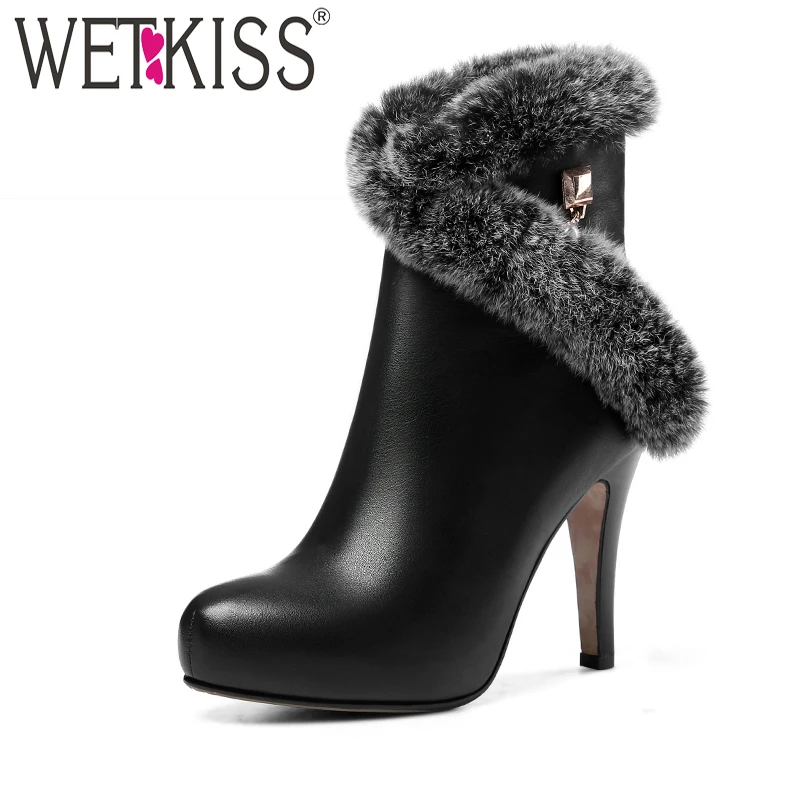 

WETKISS Sexy Fur Deigners Winter Boots Zip Thin High Heels Ladies Shoes Woman Natural Leather Ankle Boots Charming Footwear