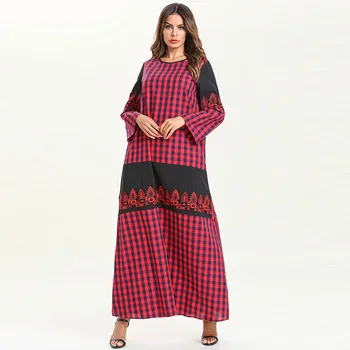 

Middle Eastern ladies fashion dress striped plaid lace long-sleeved embroidery multi-color stitching popular dress