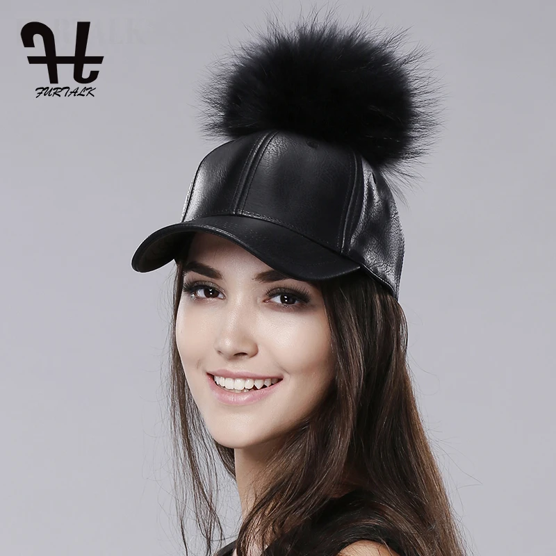 Furtalk womens baseball cap hats Casual caps pompom hat leather hip hop