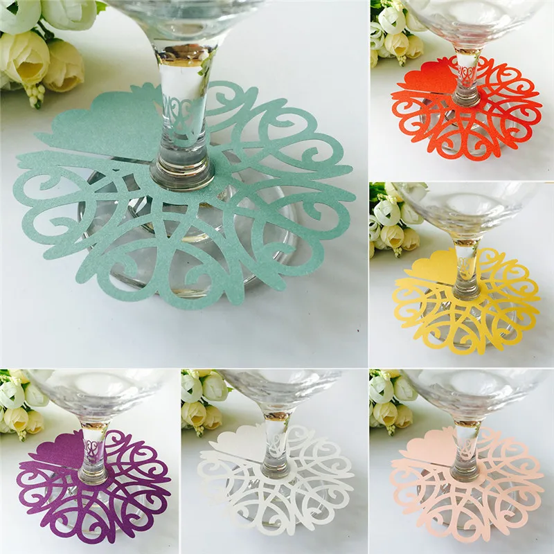

50Pcs Wedding Glass Decorative Card Red Wine Glass Ornate Cards Hollow Seats Card Name Card For Cups Wedding Party Decoration