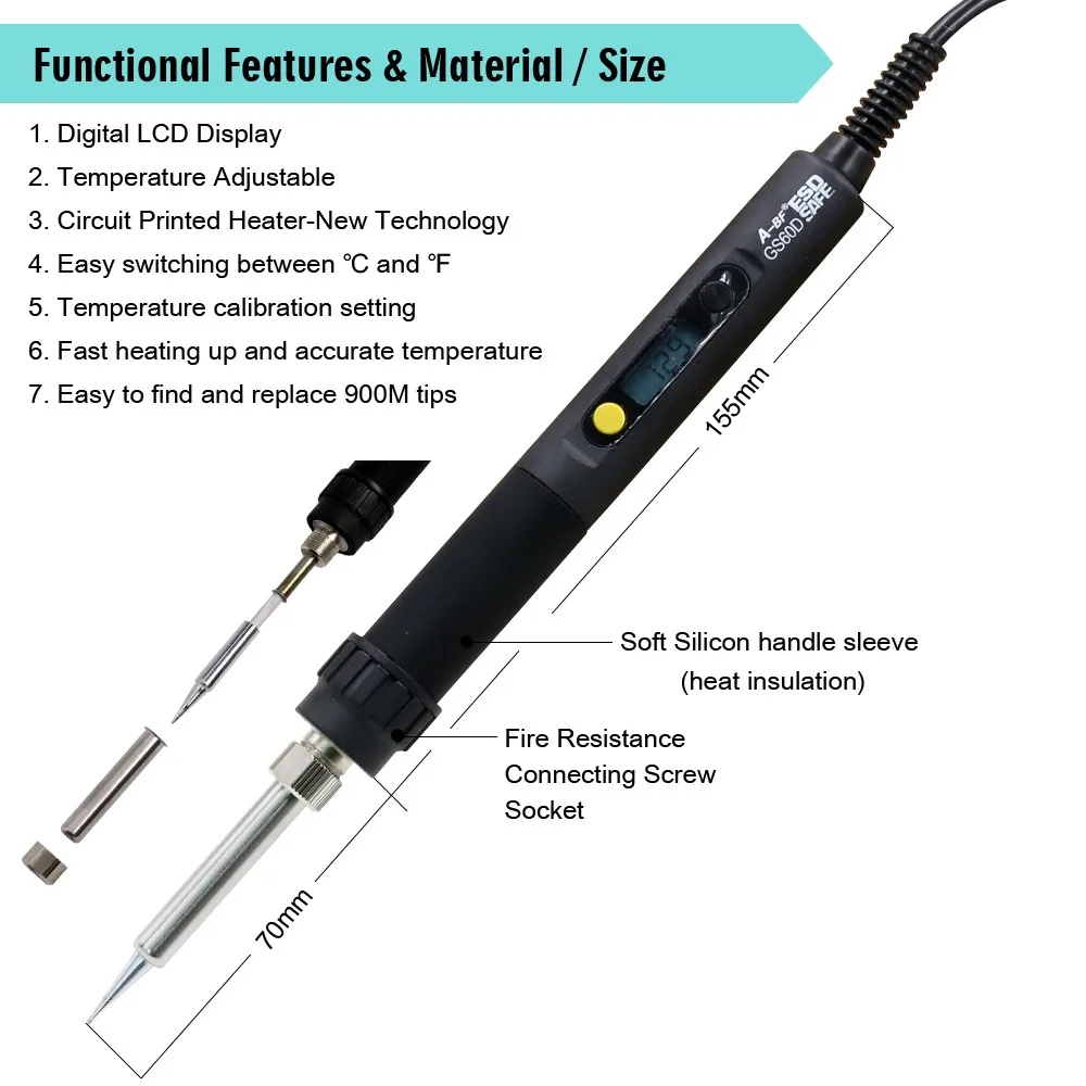 A-BF GS90D 90W 836D 60W 220V паяльник для подключения к Температура Регулируемый цифровой ЖК-дисплей 7-в-1 с жало паяльника припой