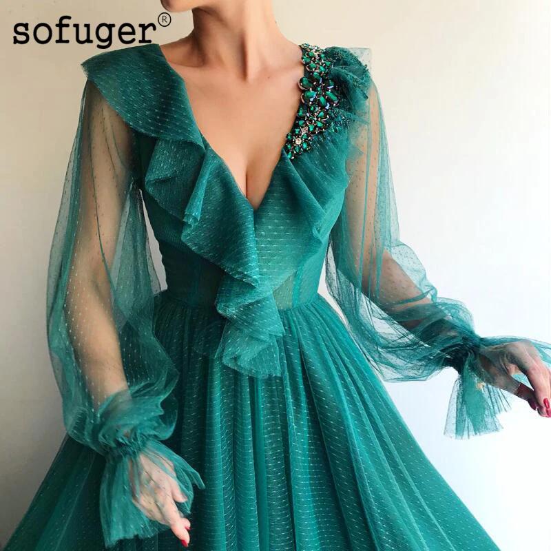 Зеленый жемчуг Тюль Пышные рукава V шеи вечернее платье Выпускной Vestidos De Fiesta Формальное вечернее платье Арабский мусульманский особых