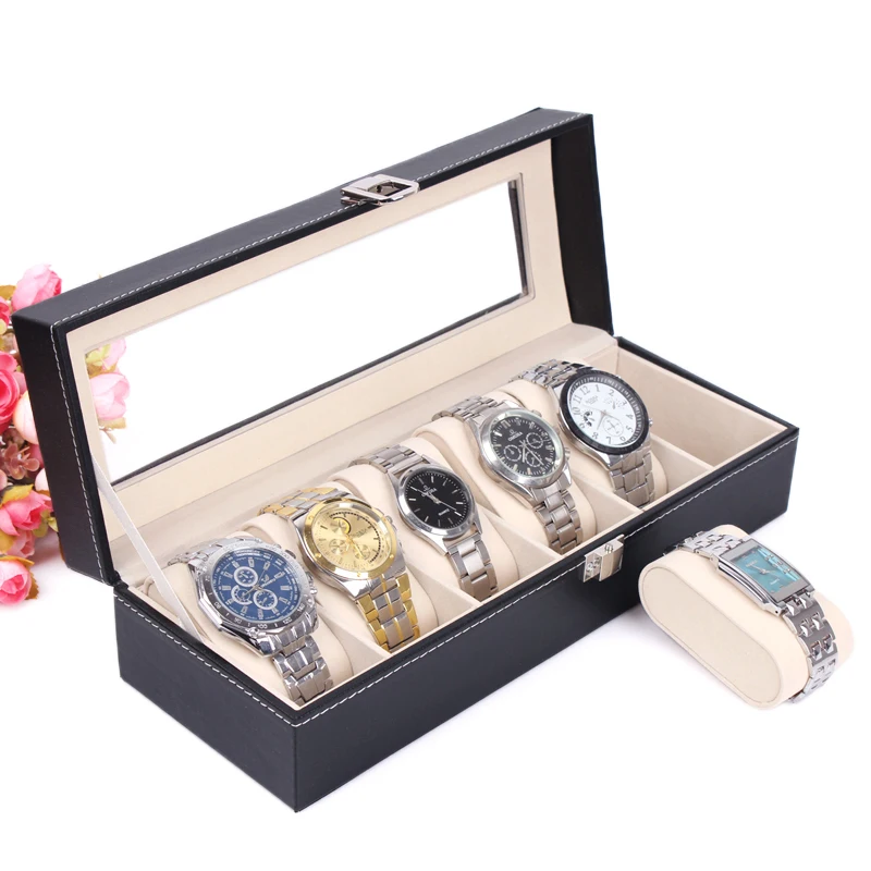 2014 Free Shipping, 1PCS 6 Grid Black Leather Watch Display Slot Case Box Jewelry Storage Organizer