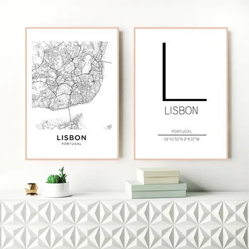 

Lisbon City Map Poster Art Decor Canvas Prints , Black And White Portugal Lisbon Canvas Painting Wall Pictures Modern Home Decor