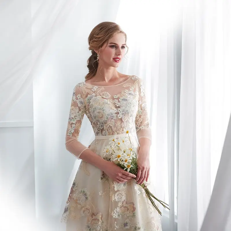 Sexy illusion Evening Dresses Long Formal party Elegant embroidery flower prom gowns 3 quarter sleeve Evening Dresses tulle Sexy illusion Evening Dresses Long Formal party Elegant embroidery flower prom gowns 3 quarter sleeve Evening Dresses tulle